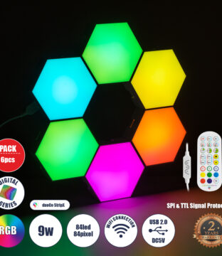 Σετ 6 Ψηφιακων LED RGB Φωτιστικών Κυψελών με Ψηφιακό Controller με WiFi Smart APP & Ασύρματο Χειριστήριο RF 2.4Ghz – LED SMD 5050 9W/Σετ 84PIXEL/Σετ 720lm/Σετ 120° DC 5V με USB 2.0 IP20 Πολύχρωμο RGB – Dimmable – Μ10.5 x Π10.5 x Υ3cm Ανά Κυψέλη – 2 Χρόνια Εγγύηση