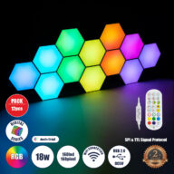 Σετ 12 Ψηφιακων LED RGB Φωτιστικών Κυψελών με Ψηφιακό Controller με WiFi Smart APP & Ασύρματο Χειριστήριο RF 2.4Ghz – LED SMD 5050 18W/Σετ 168PIXEL/Σετ 1440lm/Σετ 120° DC 5V με USB 2.0 IP20 Πολύχρωμο RGB – Dimmable – Μ10.5 x Π10.5 x Υ3cm Ανά Κυψέλη – 2 Χρόνια Εγγύηση