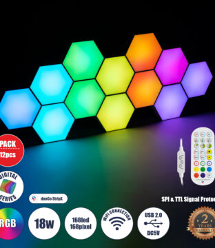 Σετ 12 Ψηφιακων LED RGB Φωτιστικών Κυψελών με Ψηφιακό Controller με WiFi Smart APP & Ασύρματο Χειριστήριο RF 2.4Ghz – LED SMD 5050 18W/Σετ 168PIXEL/Σετ 1440lm/Σετ 120° DC 5V με USB 2.0 IP20 Πολύχρωμο RGB – Dimmable – Μ10.5 x Π10.5 x Υ3cm Ανά Κυψέλη – 2 Χρόνια Εγγύηση