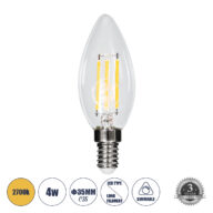 Λάμπα E14 C35 Κεράκι LED FILAMENT 4W 440 lm 320° AC 85-265V Edison Retro με Διάφανο Γυαλί Θερμό Λευκό 2700 K Dimmable