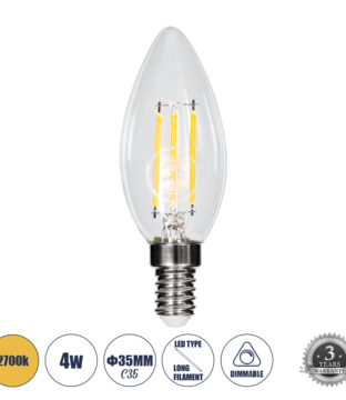 Λάμπα E14 C35 Κεράκι LED FILAMENT 4W 440 lm 320° AC 85-265V Edison Retro με Διάφανο Γυαλί Θερμό Λευκό 2700 K Dimmable