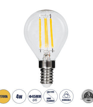 Λάμπα E14 G45 Γλομπάκι LED FILAMENT 4W 440 lm 320° AC 85-265V Edison Retro με Διάφανο Γυαλί Θερμό Λευκό 2700 K Dimmable