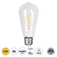 Λάμπα E27 ST64 Αχλάδι LED FILAMENT 4W 440 lm 320° AC 85-265V Edison Retro με Διάφανο Γυαλί Θερμό Λευκό 2700 K Dimmable