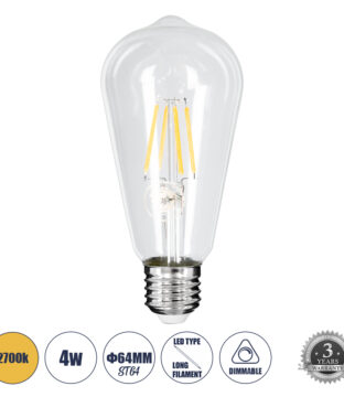 Λάμπα E27 ST64 Αχλάδι LED FILAMENT 4W 440 lm 320° AC 85-265V Edison Retro με Διάφανο Γυαλί Θερμό Λευκό 2700 K Dimmable