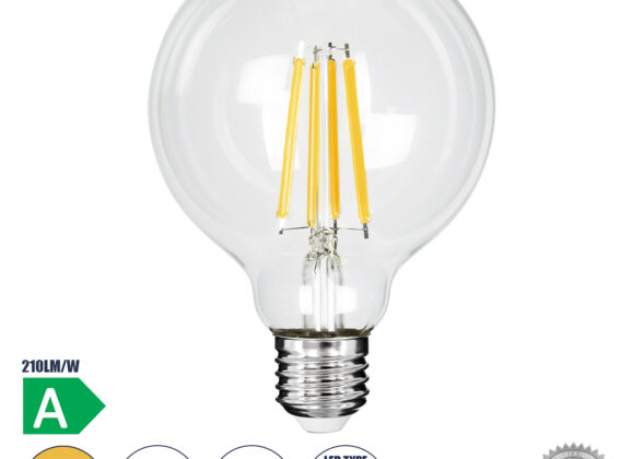 Λάμπα LED Long Filament E27 G95 Γλόμπος 4W 840lm 360° AC 220-240V IP20 Φ9.5 x Υ13.8cm Θερμό Λευκό 2700K με Διάφανο Γυαλί - Pro Series 210lm/W - A Ενεργειακή Κλάση - 3 Χρόνια Εγγύηση