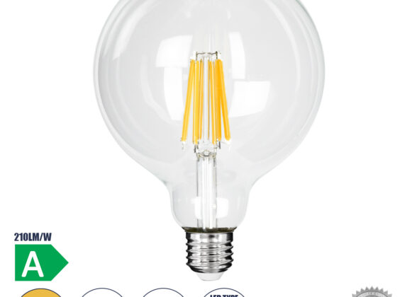 Λάμπα LED Long Filament E27 G125 Γλόμπος 7W 1470lm 360° AC 220-240V IP20 Φ12.5 x Υ13.8cm Θερμό Λευκό 2700K με Διάφανο Γυαλί - Pro Series 210lm/W - A Ενεργειακή Κλάση - 3 Χρόνια Εγγύηση