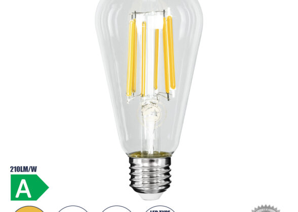 Λάμπα LED Long Filament E27 ST64 Αχλάδι 7W 1470lm 360° AC 220-240V IP20 Φ6.4 x Υ14.5cm Θερμό Λευκό 2700K με Διάφανο Γυαλί - Pro Series 210lm/W - A Ενεργειακή Κλάση - 3 Χρόνια Εγγύηση