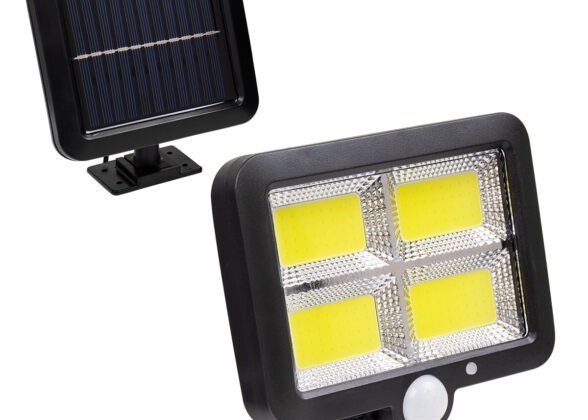 Αυτόνομος Ηλιακός Προβολέας LED 128 4 x COB 30W 1600lm με Ενσωματωμένη Μπαταρία 2400mAh - Φωτοβολταϊκό Πάνελ με Αισθητήρα Ημέρας-Νύχτας - PIR Αισθητήρα Κίνησης Αδιάβροχο IP65 Ψυχρό Λευκό 6000K